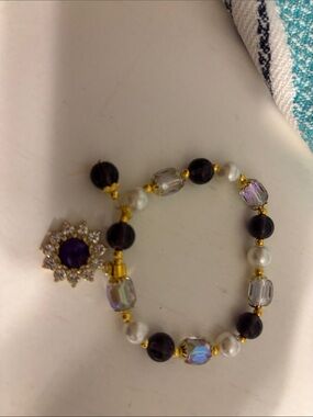 Gold-Tone Amethyst Bead Stretch Bracelet with Pearl Accents